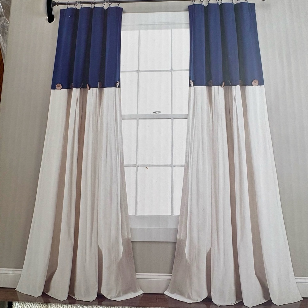 NWT Set of 2 Navy and Cream/Beige Linen Button Curtains by Lush Decor